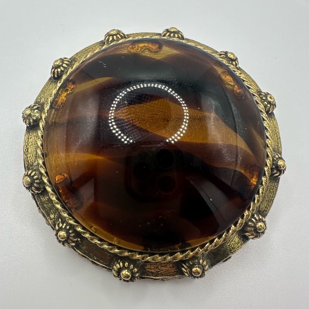 Original by Robert Gold tone massive Amber brown glass cabochon brooch pendant - Picture 3 of 9